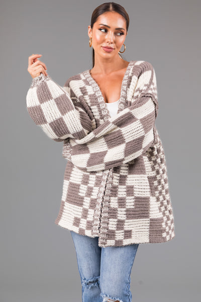 Taupe Checkered Chunky Knit Cardigan