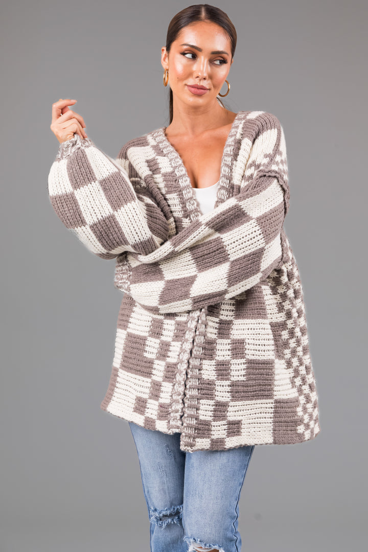Taupe Checkered Chunky Knit Cardigan