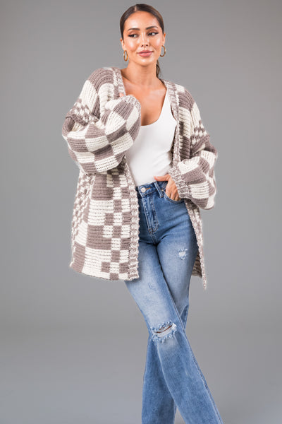 Taupe Checkered Chunky Knit Cardigan