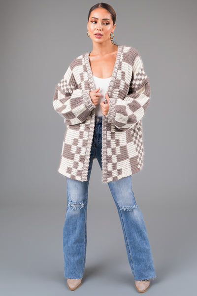 Taupe Checkered Chunky Knit Cardigan