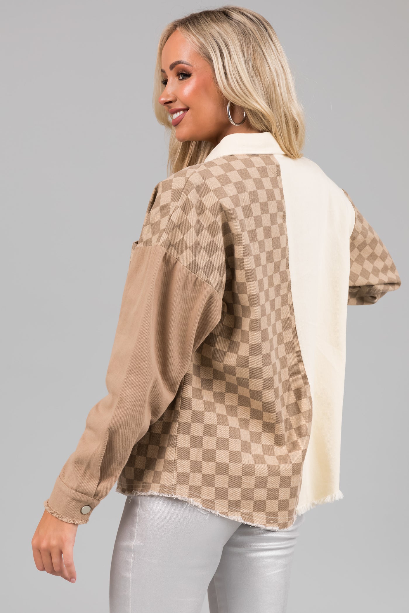 Taupe Checkered Contrast Button Down Shacket