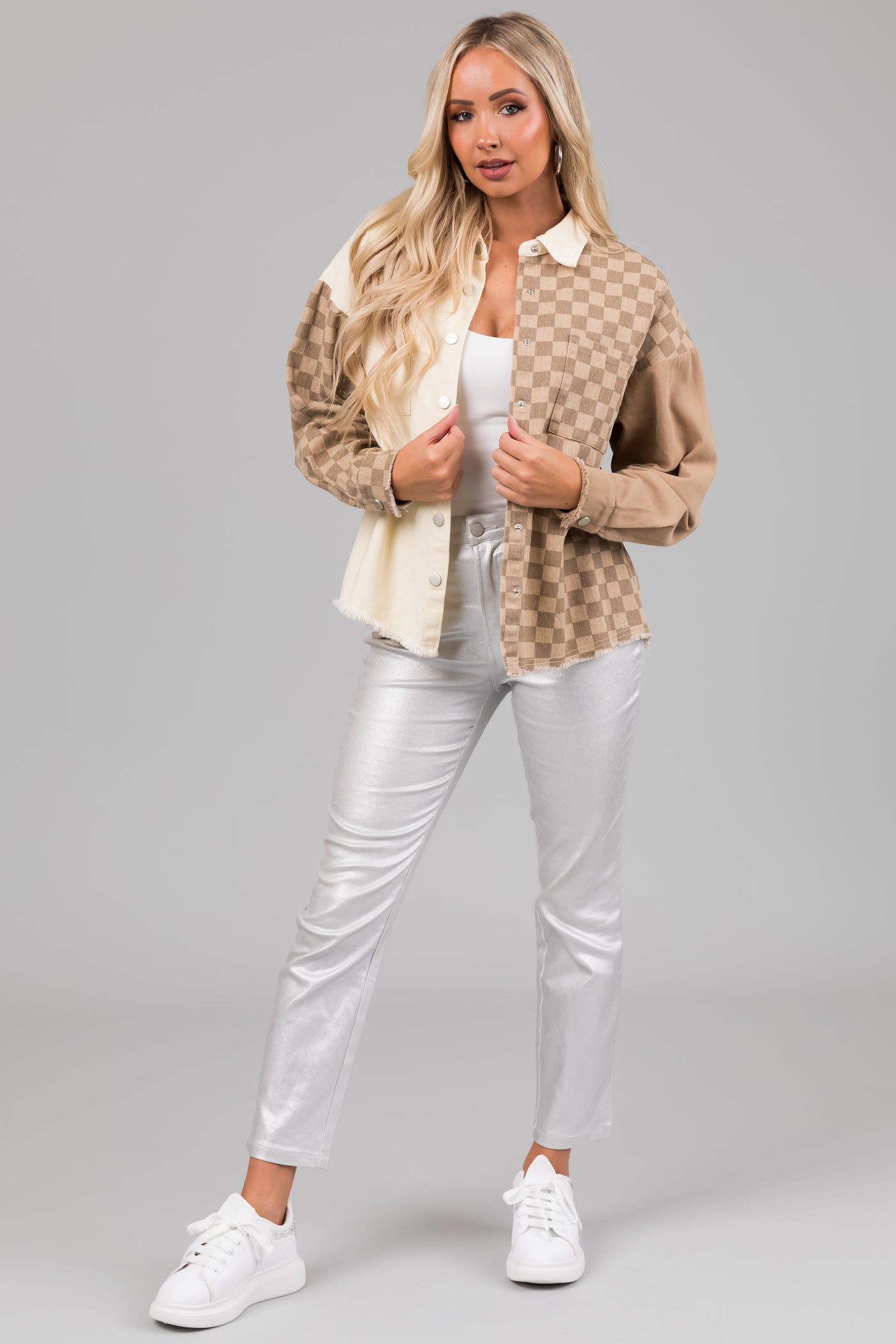 Taupe Checkered Contrast Button Down Shacket