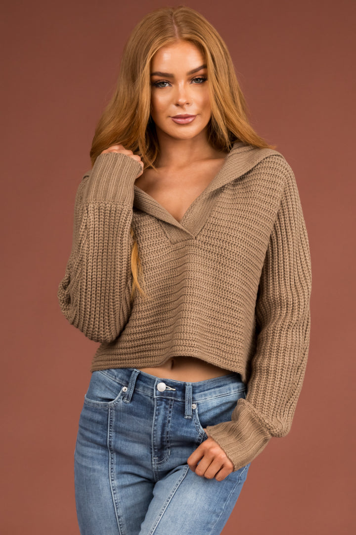 Taupe Collared V Neck Cropped Knit Sweater