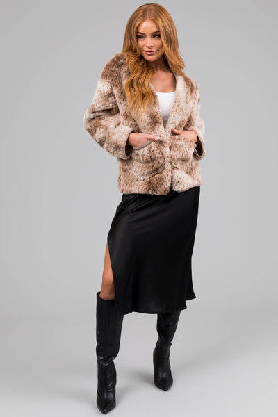 Taupe Faux Fur Open Front Jacket with Pockets