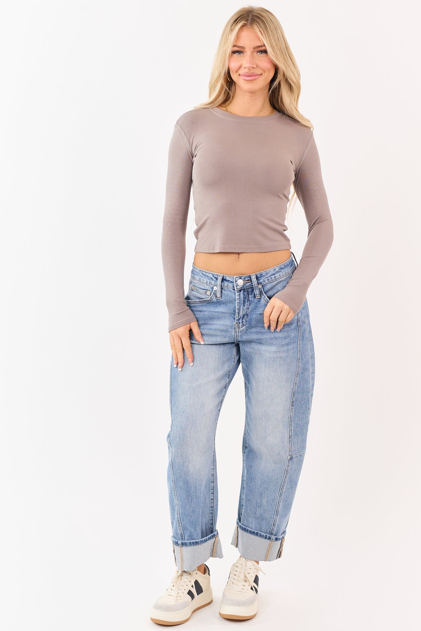 Taupe Long Sleeve Crew Neck Cotton Knit Top