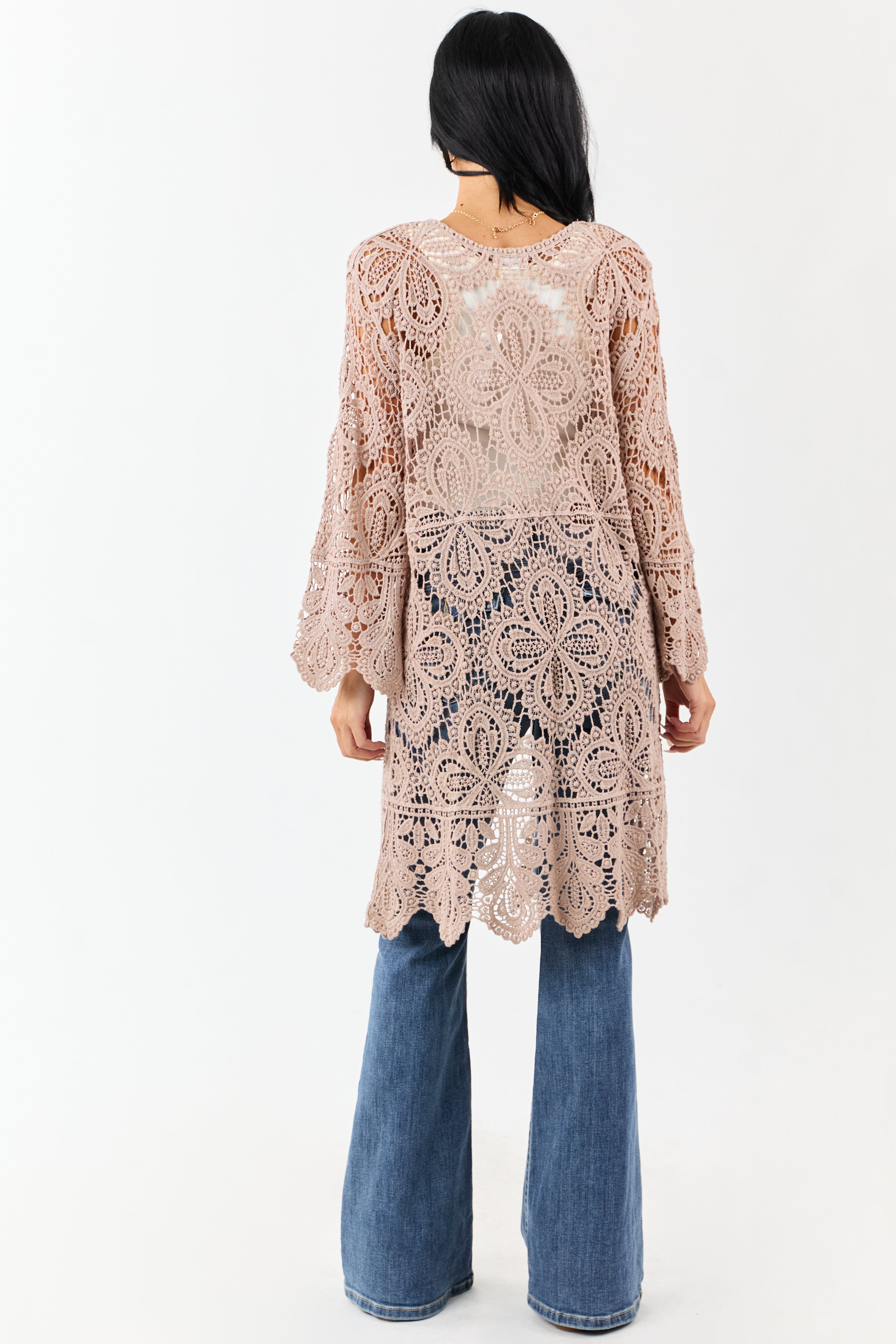 Taupe Open Crochet Bell Sleeve Cotton Duster Cardigan