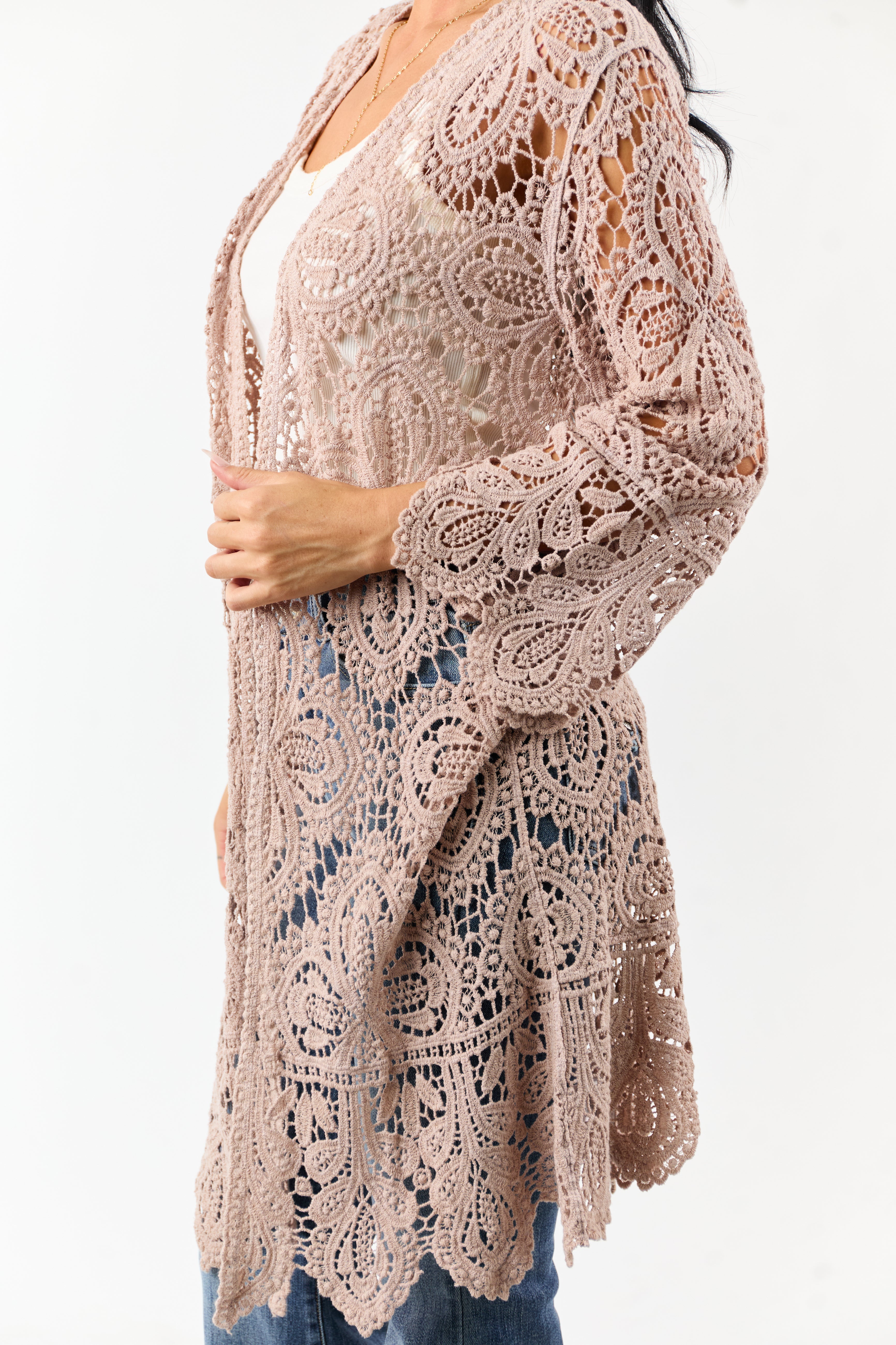 Taupe Open Crochet Bell Sleeve Cotton Duster Cardigan | Lime Lush