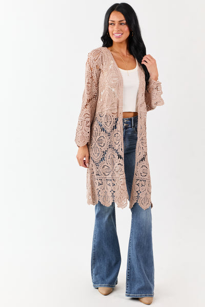 Taupe Open Crochet Bell Sleeve Cotton Duster Cardigan