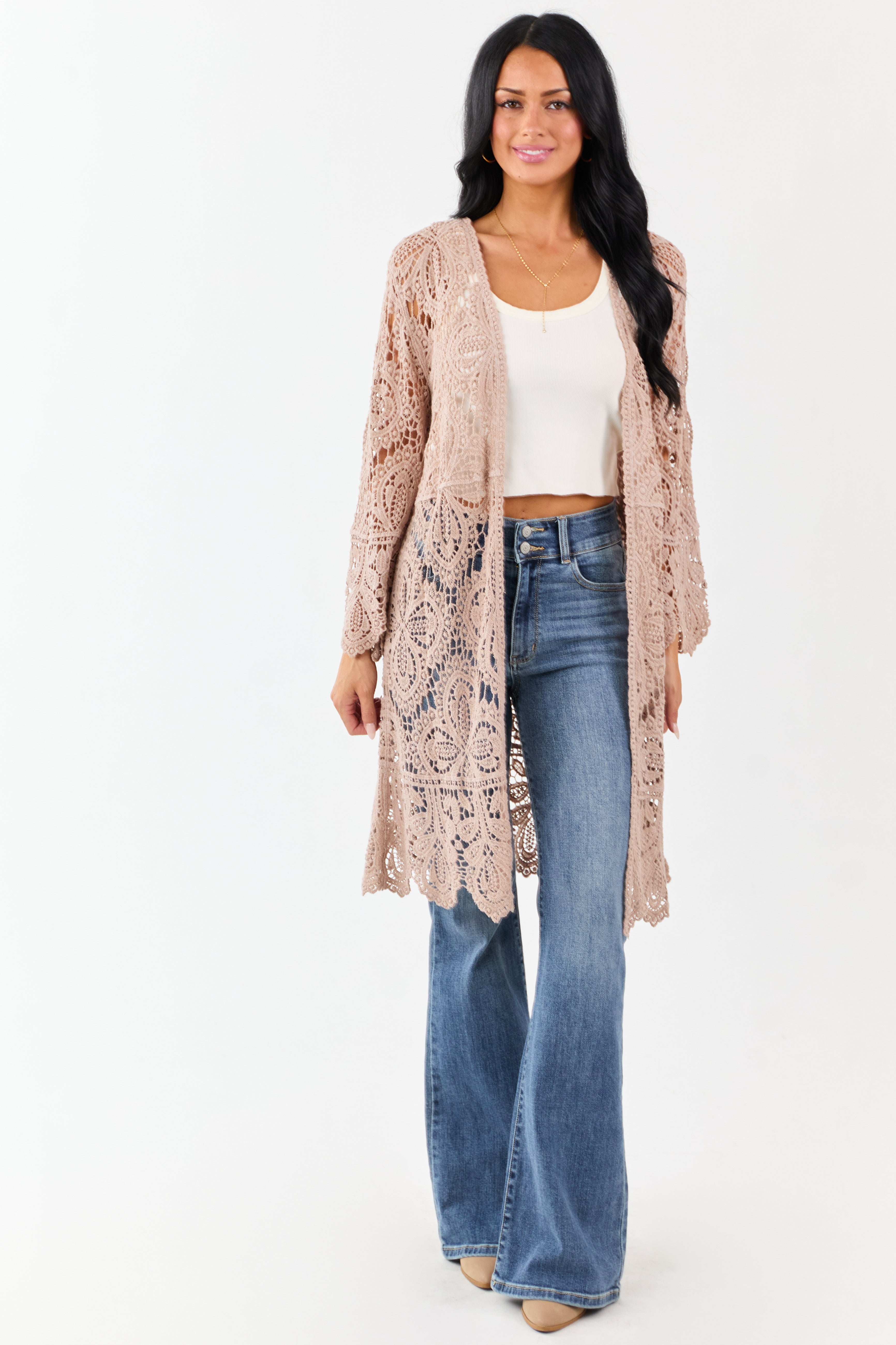 Taupe Open Crochet Bell Sleeve Cotton Duster Cardigan | Lime Lush