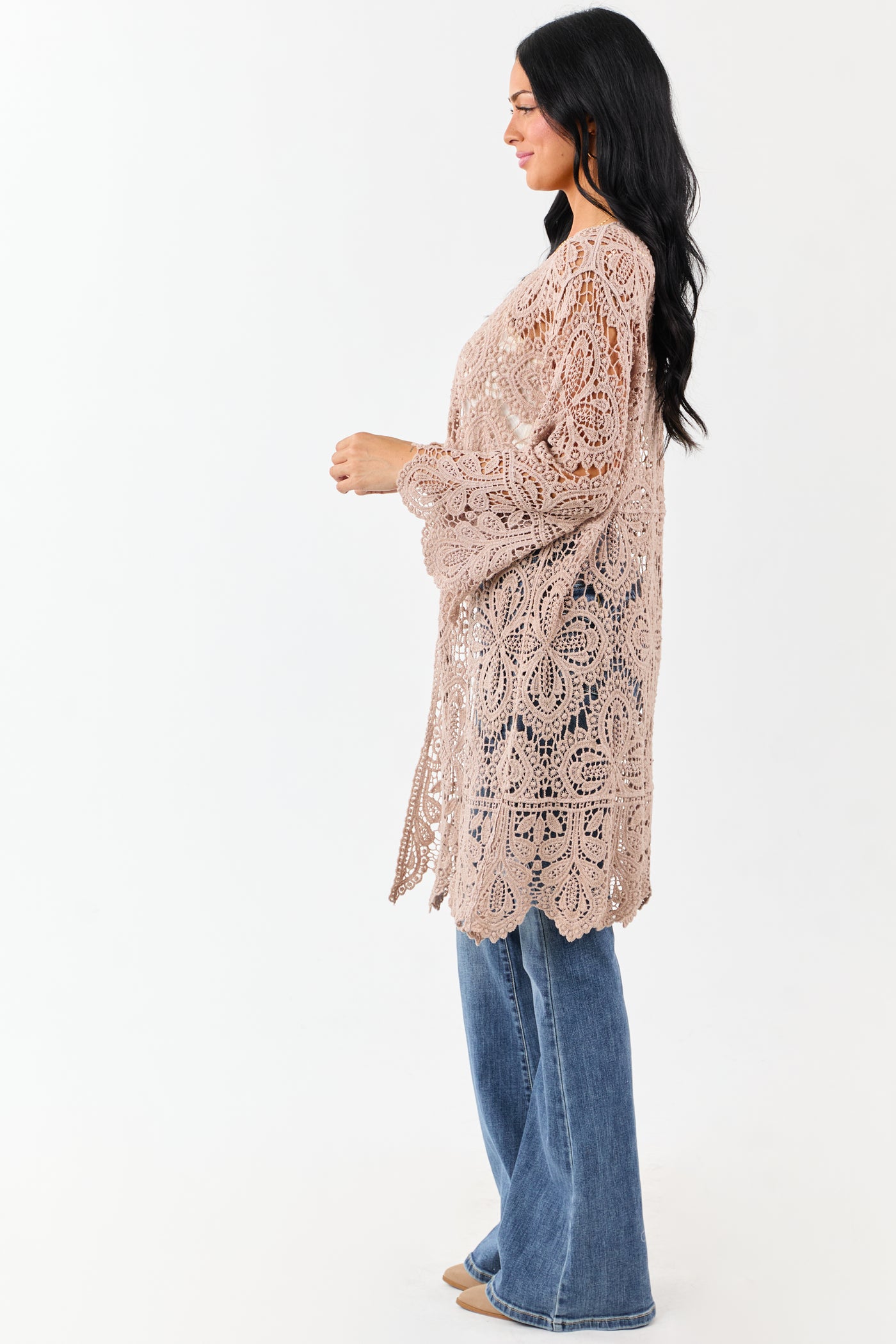 Taupe Open Crochet Bell Sleeve Cotton Duster Cardigan