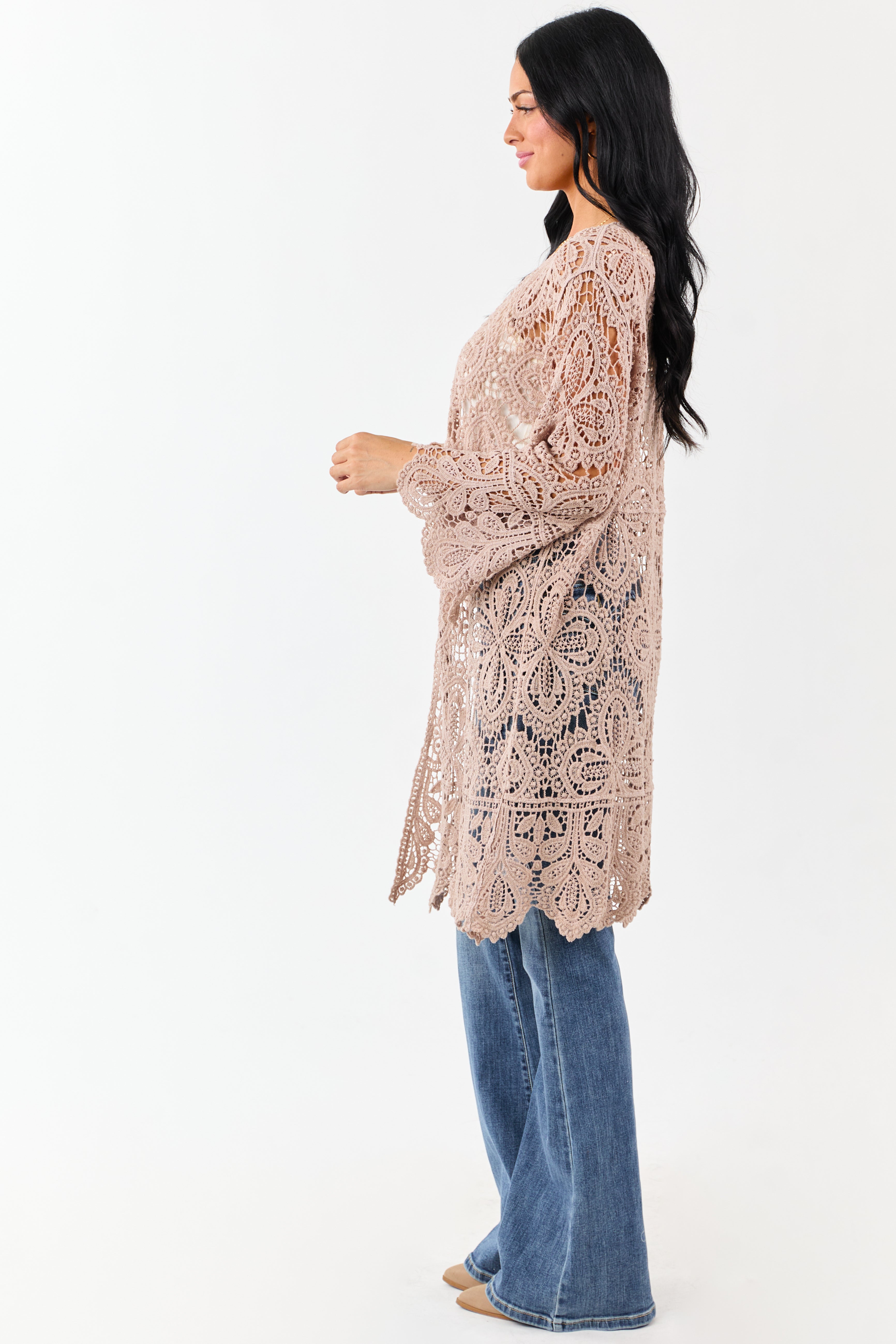 Taupe Open Crochet Bell Sleeve Cotton Duster Cardigan