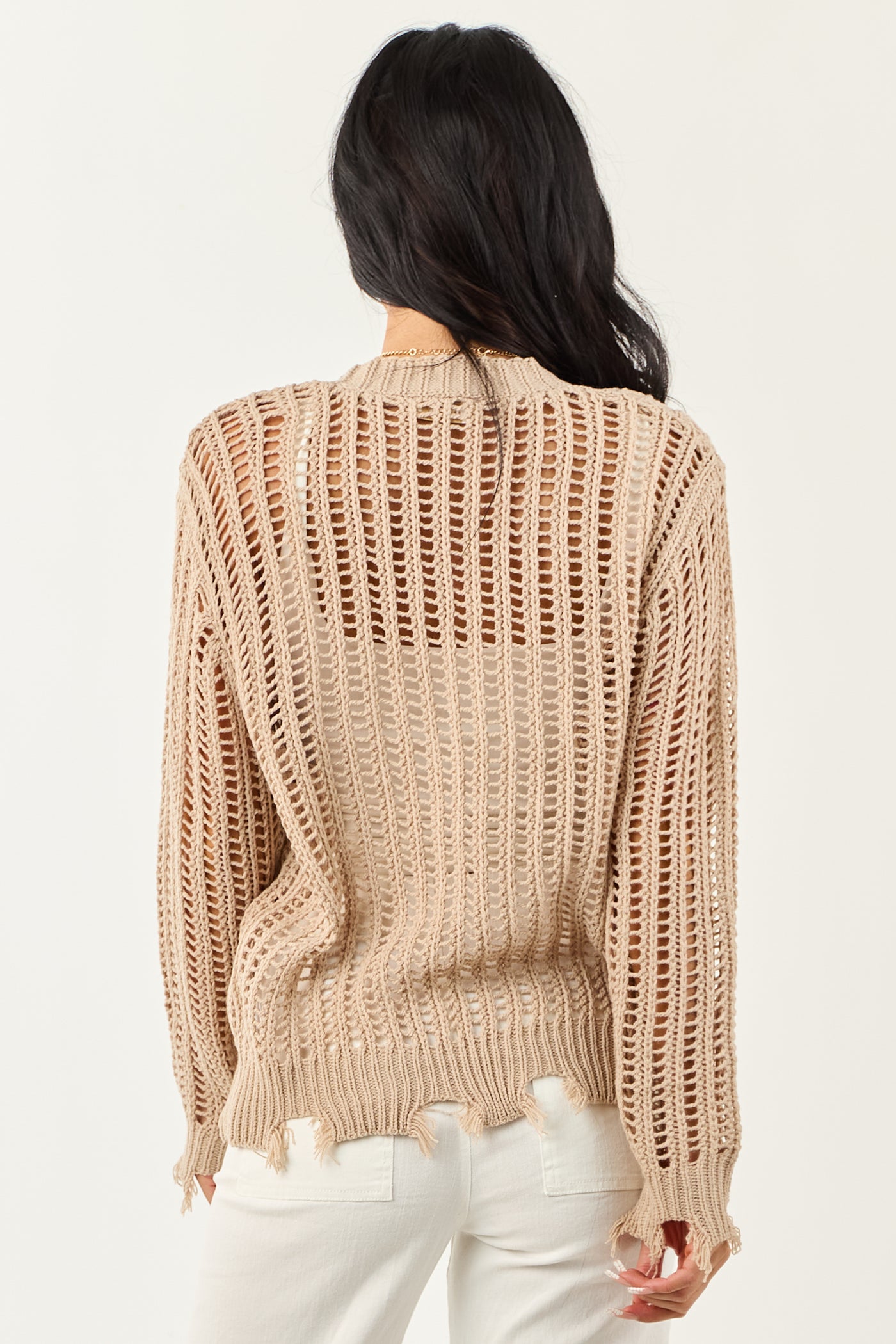 Taupe Open Knit Frayed Trim Button Up Cardigan