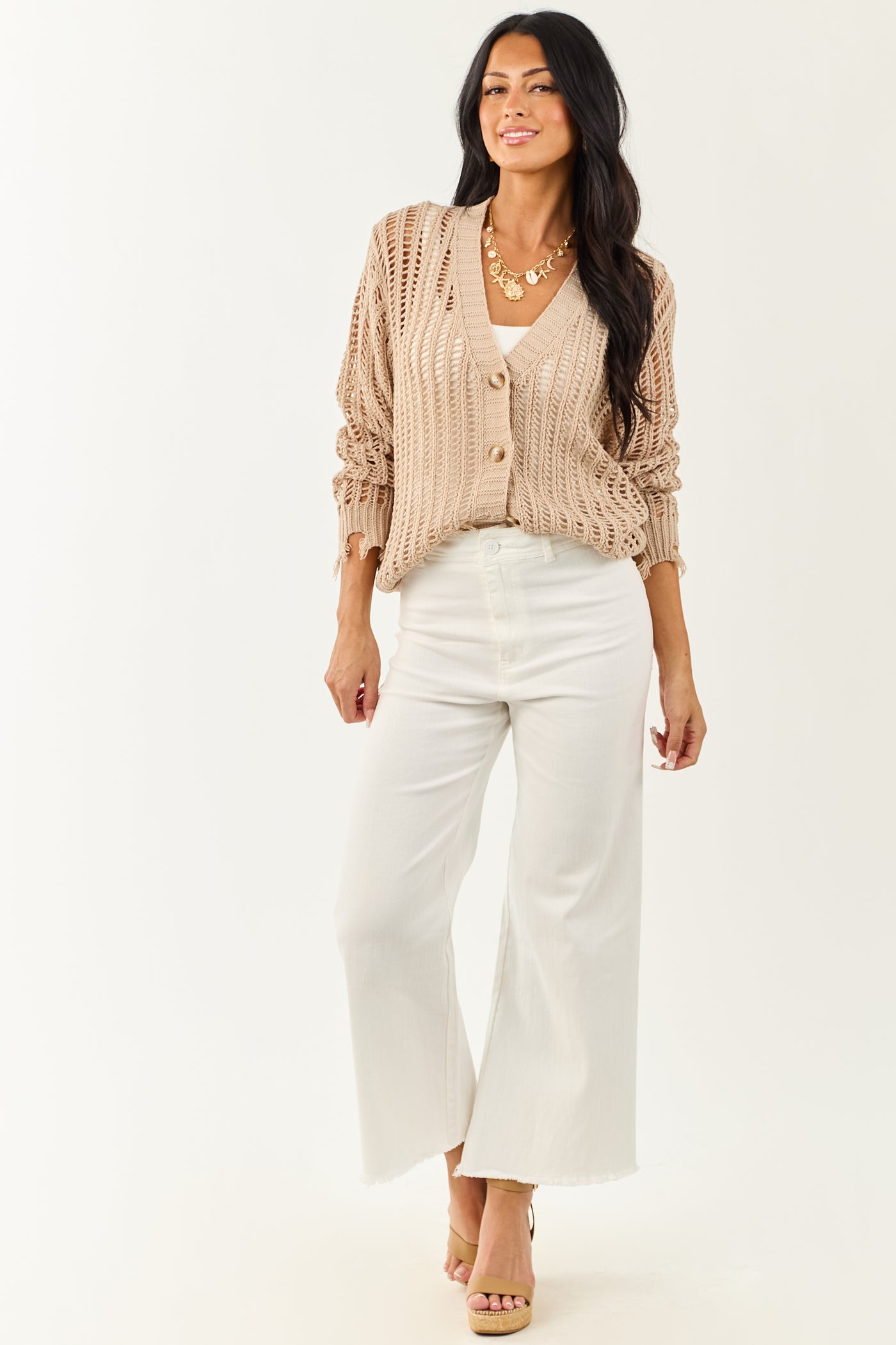 Taupe Open Knit Frayed Trim Button Up Cardigan