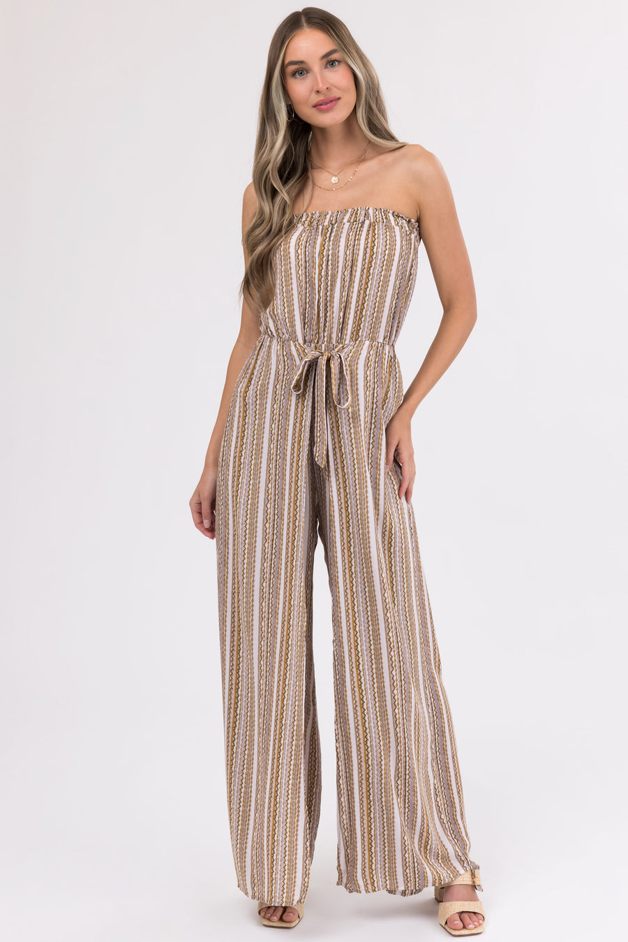 Taupe Printed Strapless Flowy Jumpsuit