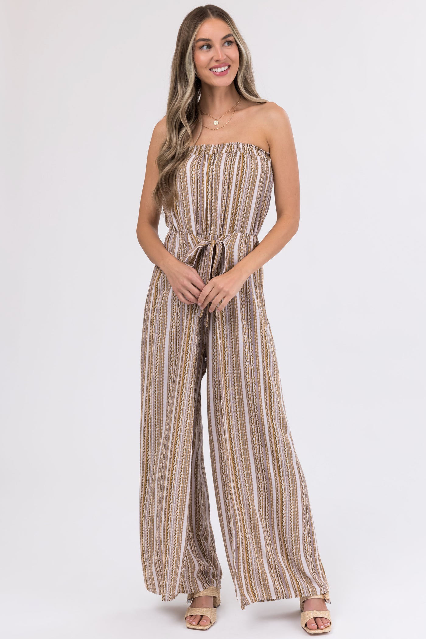 Taupe Printed Strapless Flowy Jumpsuit