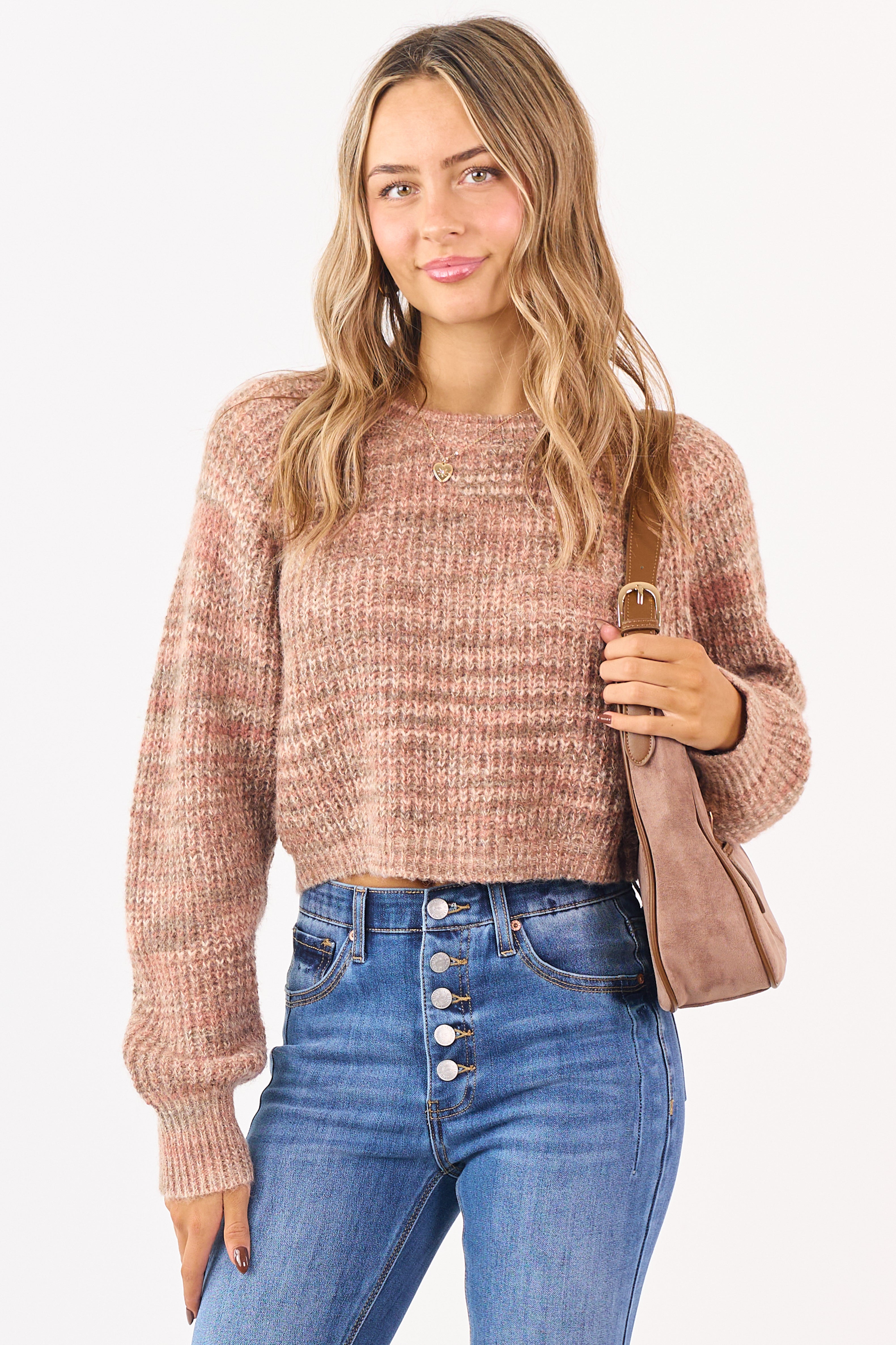 Taupe Ribbed Knit Marled Wool Blend Crop Sweater