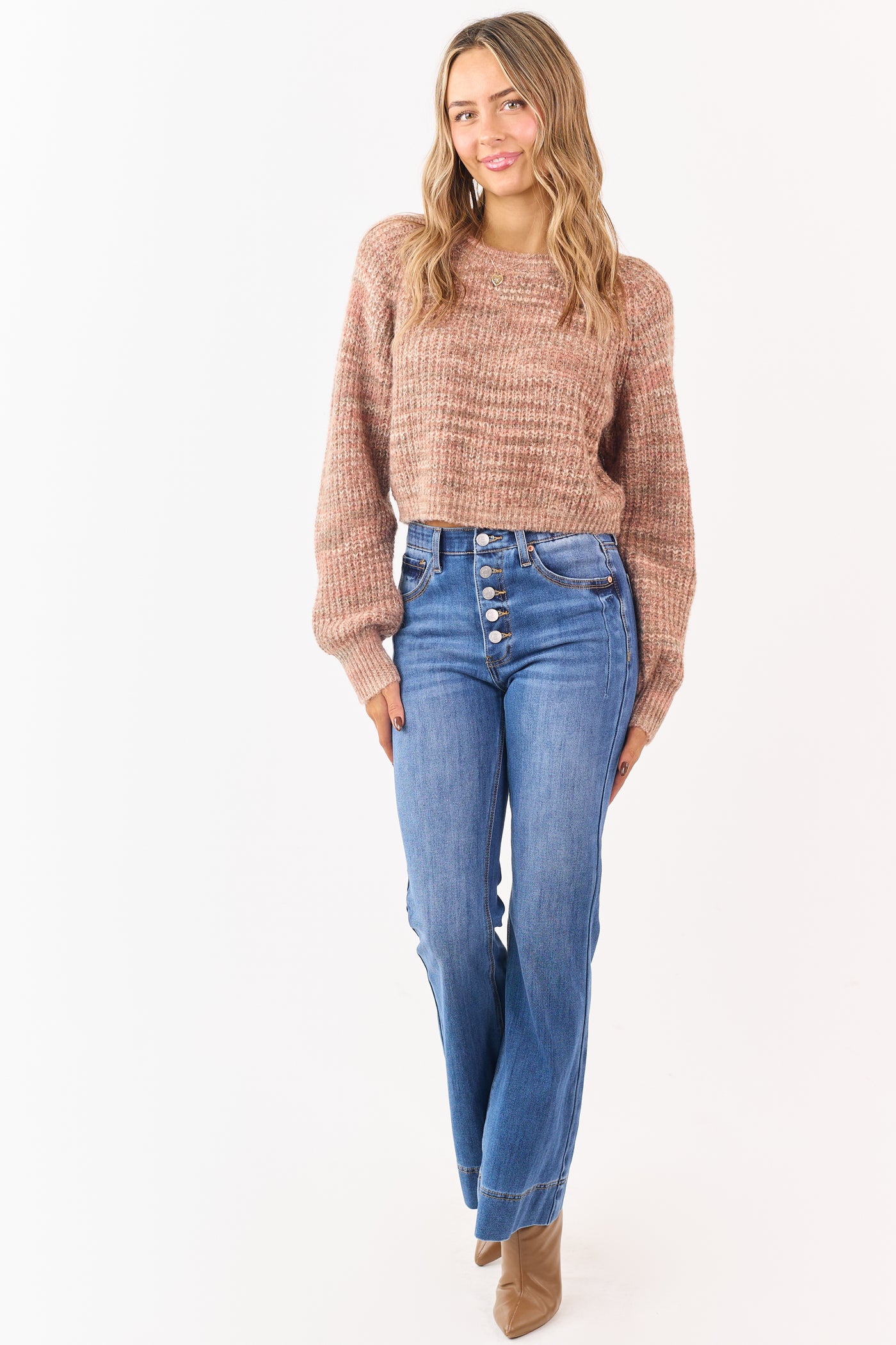 Taupe Ribbed Knit Marled Wool Blend Crop Sweater