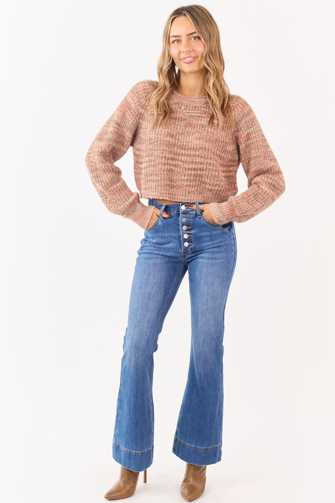 Taupe Ribbed Knit Marled Wool Blend Crop Sweater