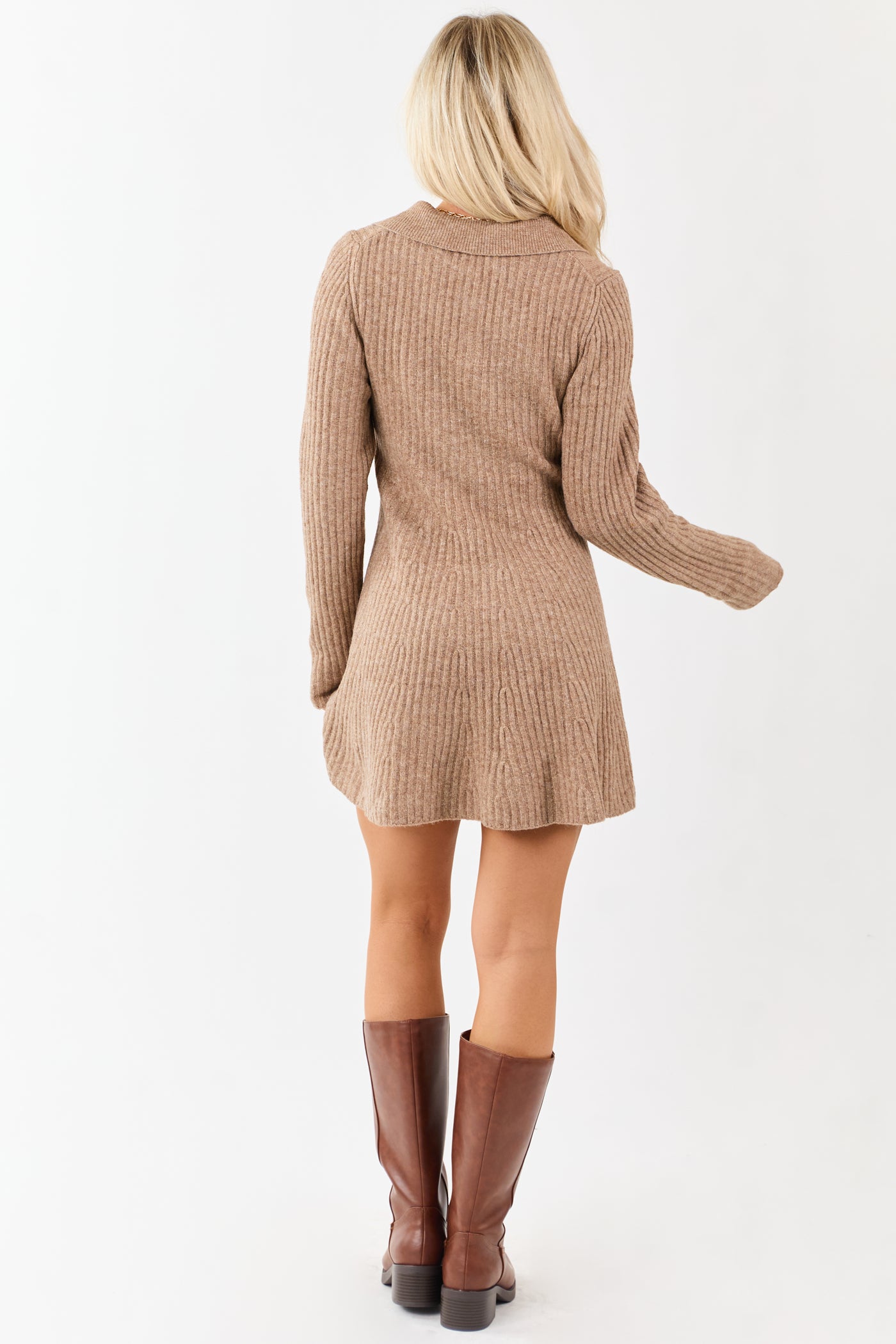 Taupe Ribbed Knit Wool Blend Short Sweater Dress