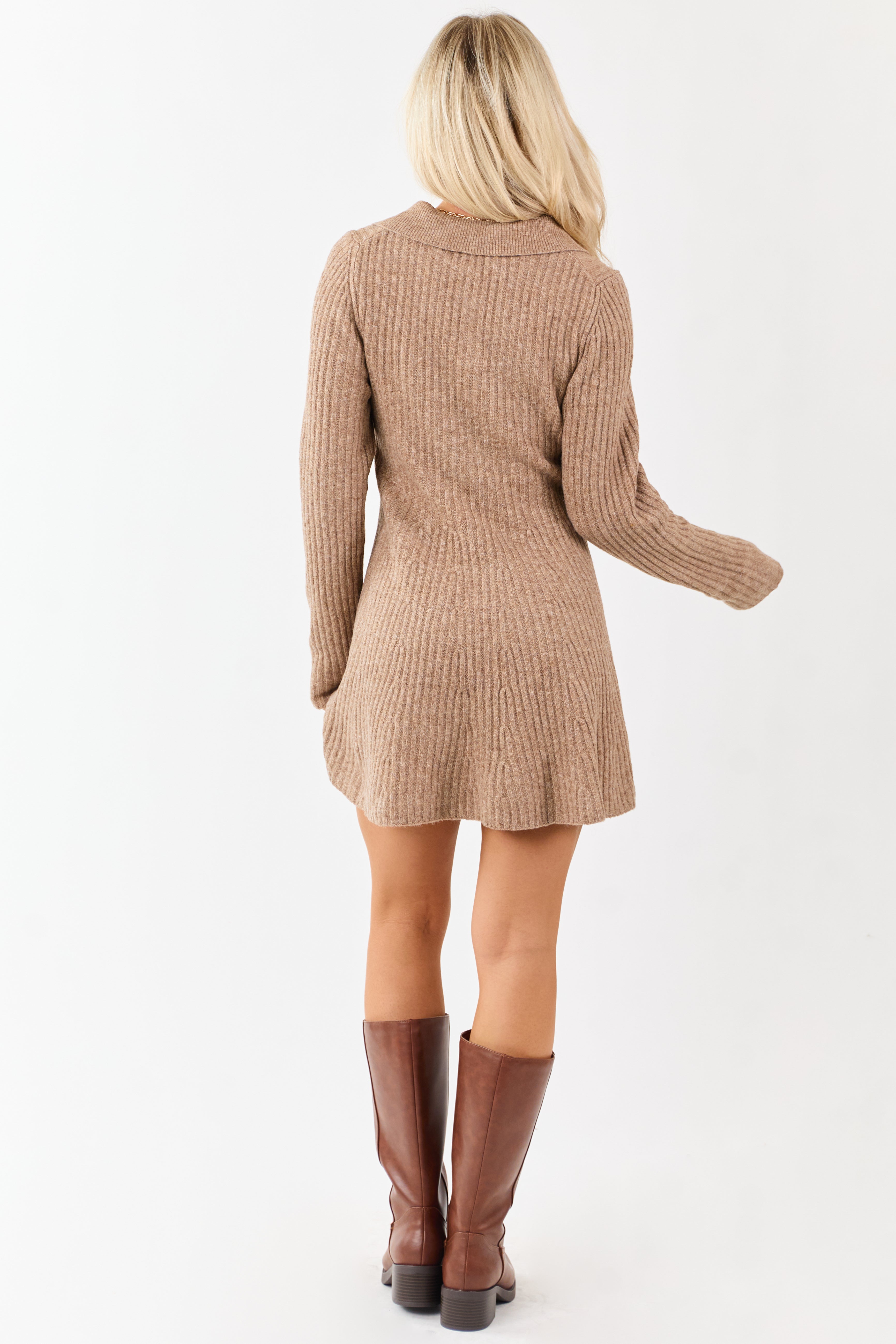 Taupe Ribbed Knit Wool Blend Short Sweater Dress