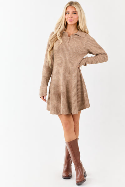 Taupe Ribbed Knit Wool Blend Short Sweater Dress