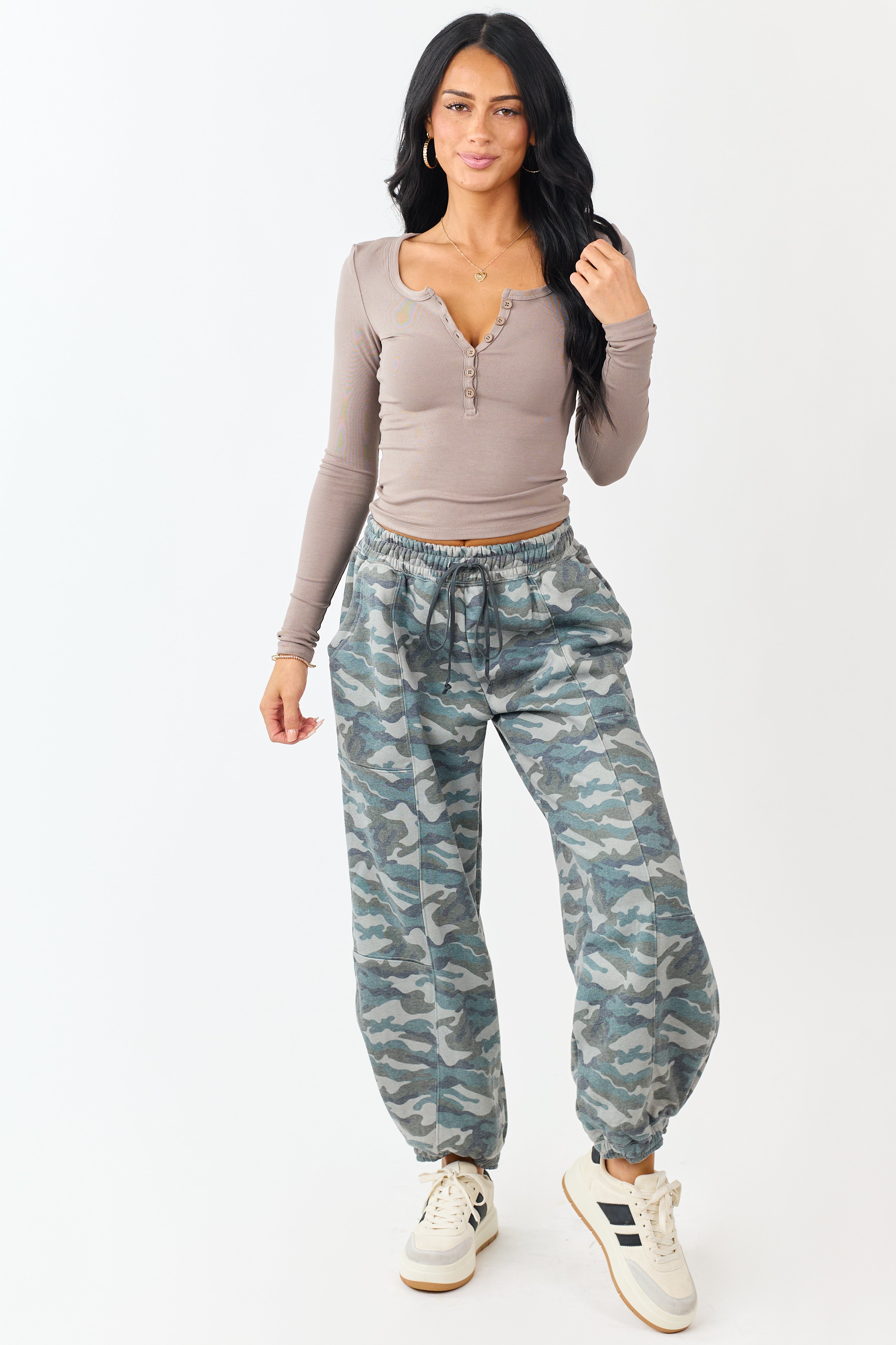 Taupe Scoop Neck Long Sleeve Henley Top