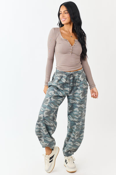 Taupe Scoop Neck Long Sleeve Henley Top