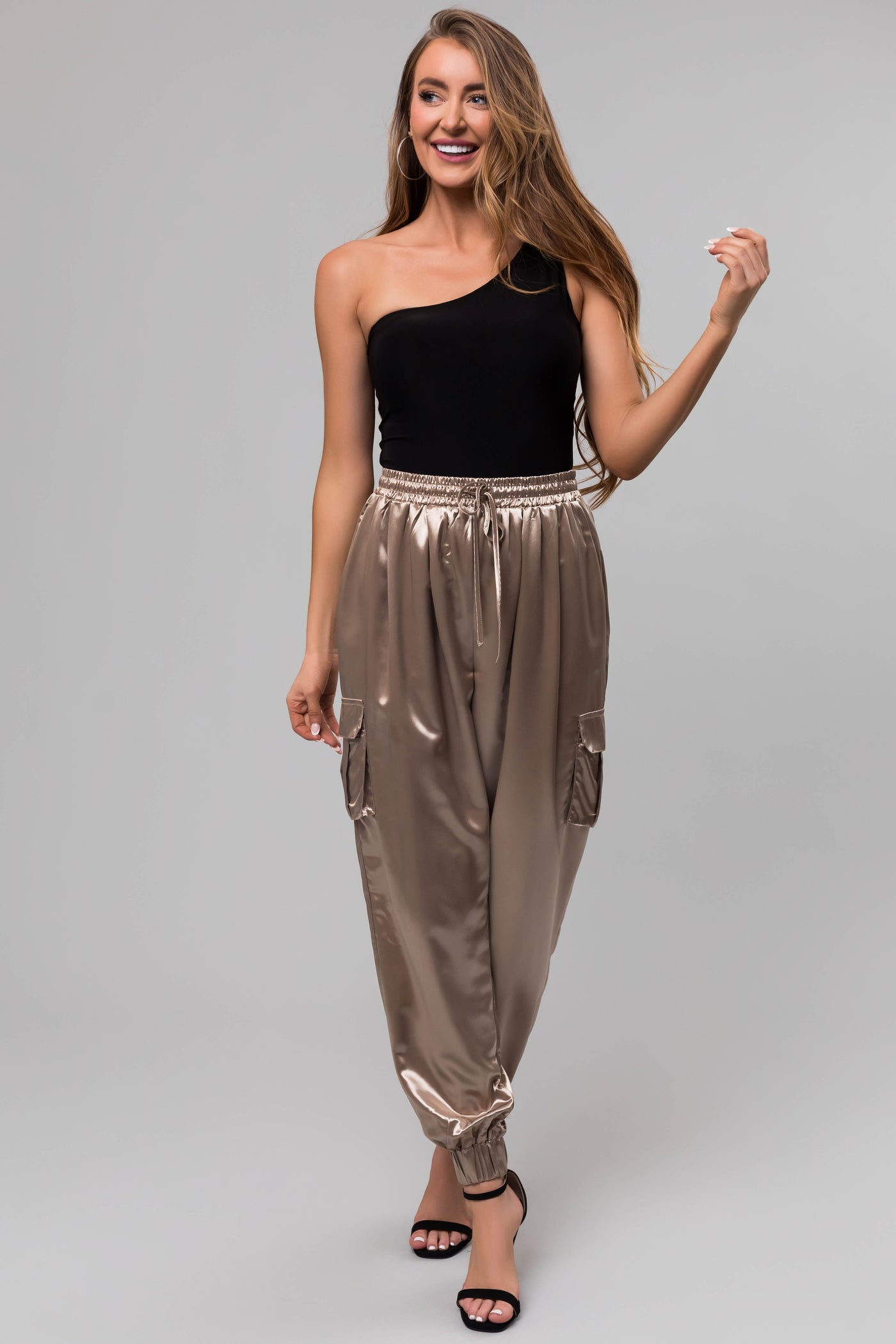 Taupe Shiny Metallic Smocked Waist Joggers