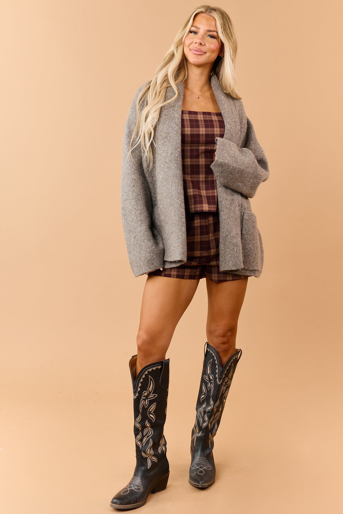 Taupe Soft Knit Shawl Collar Open Front Cardigan