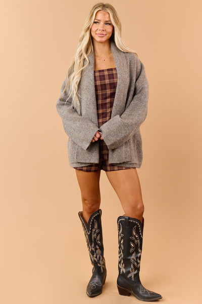 Taupe Soft Knit Shawl Collar Open Front Cardigan