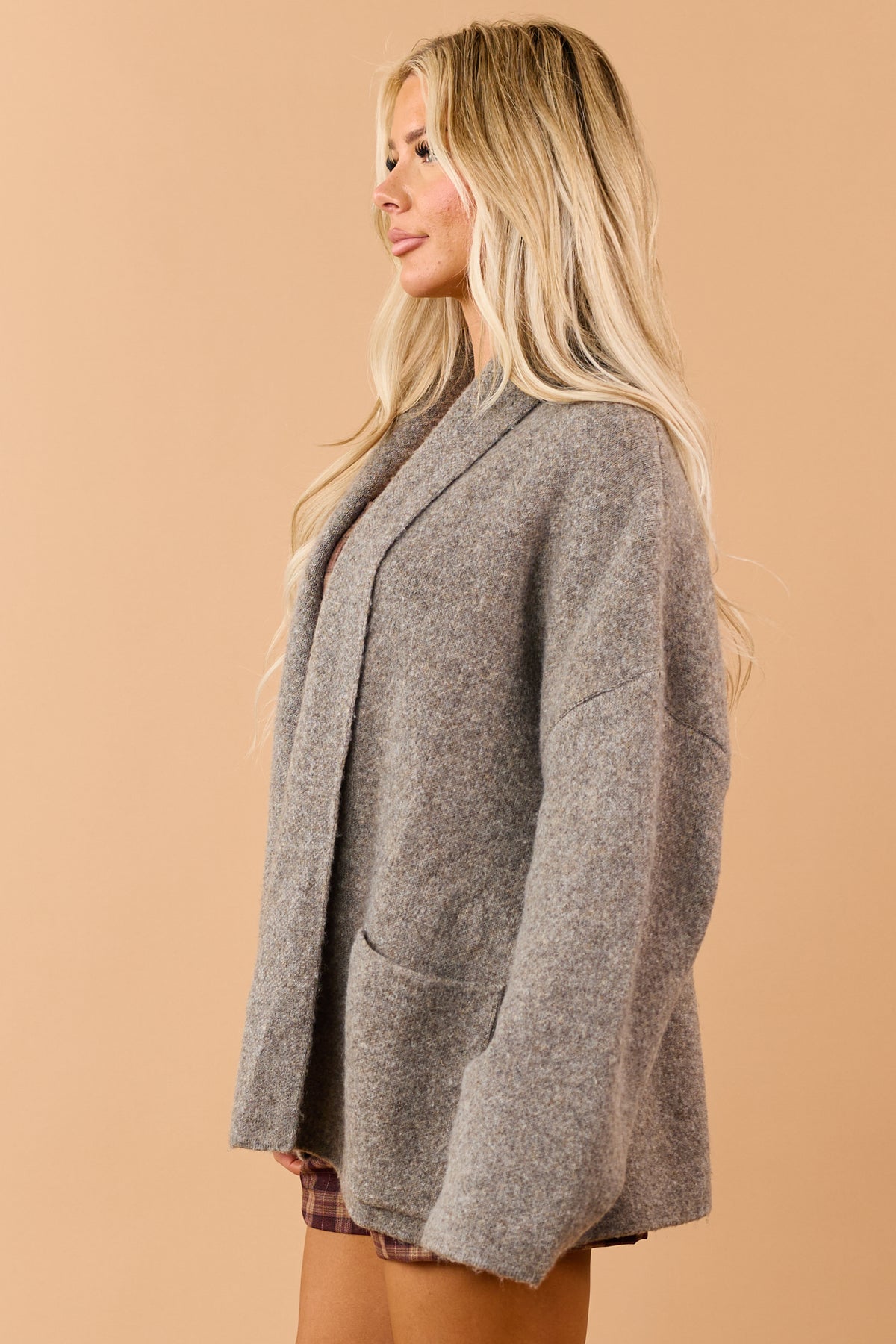 Taupe Soft Knit Shawl Collar Open Front Cardigan