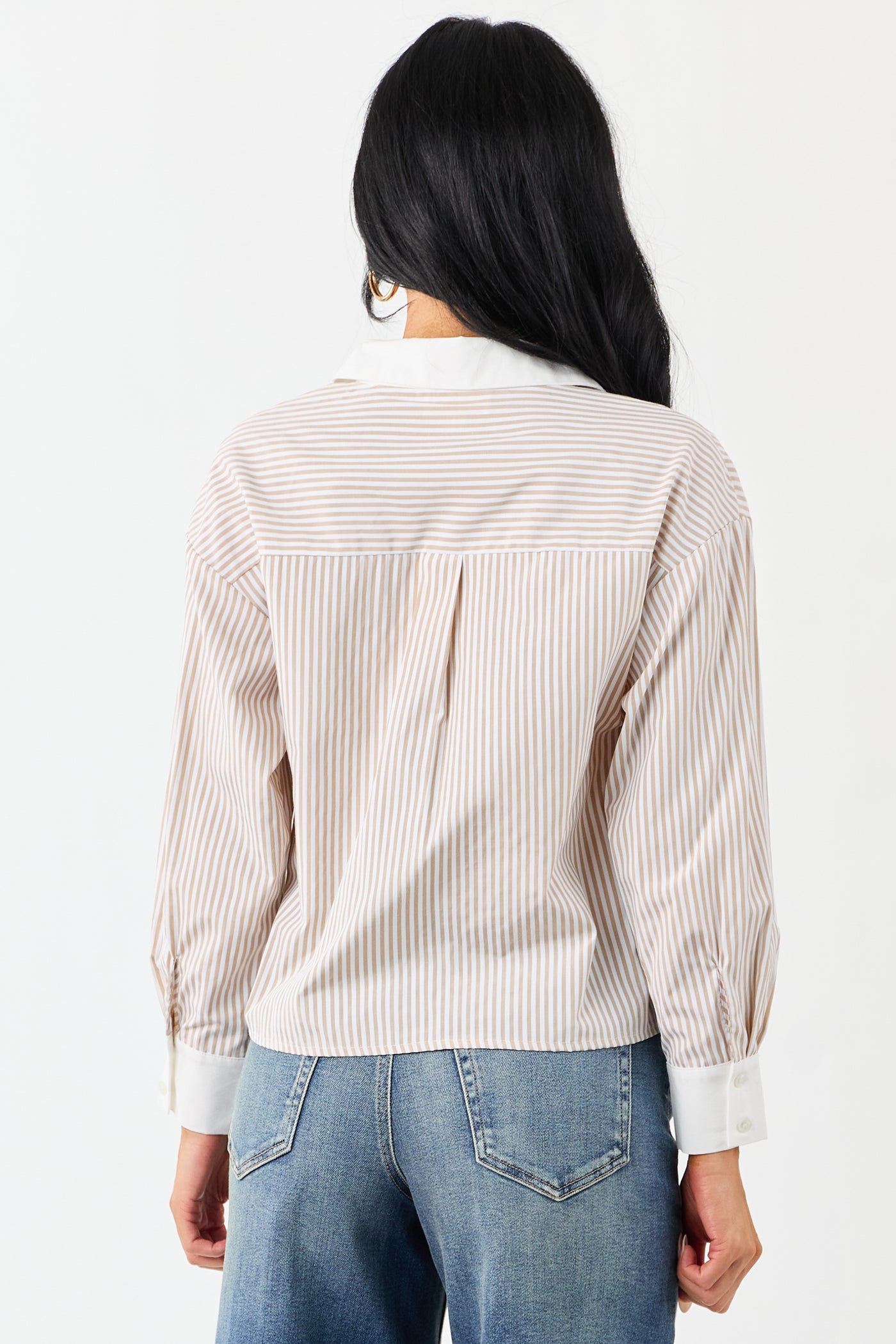 Taupe Striped Long Sleeve Button Down Cotton Top