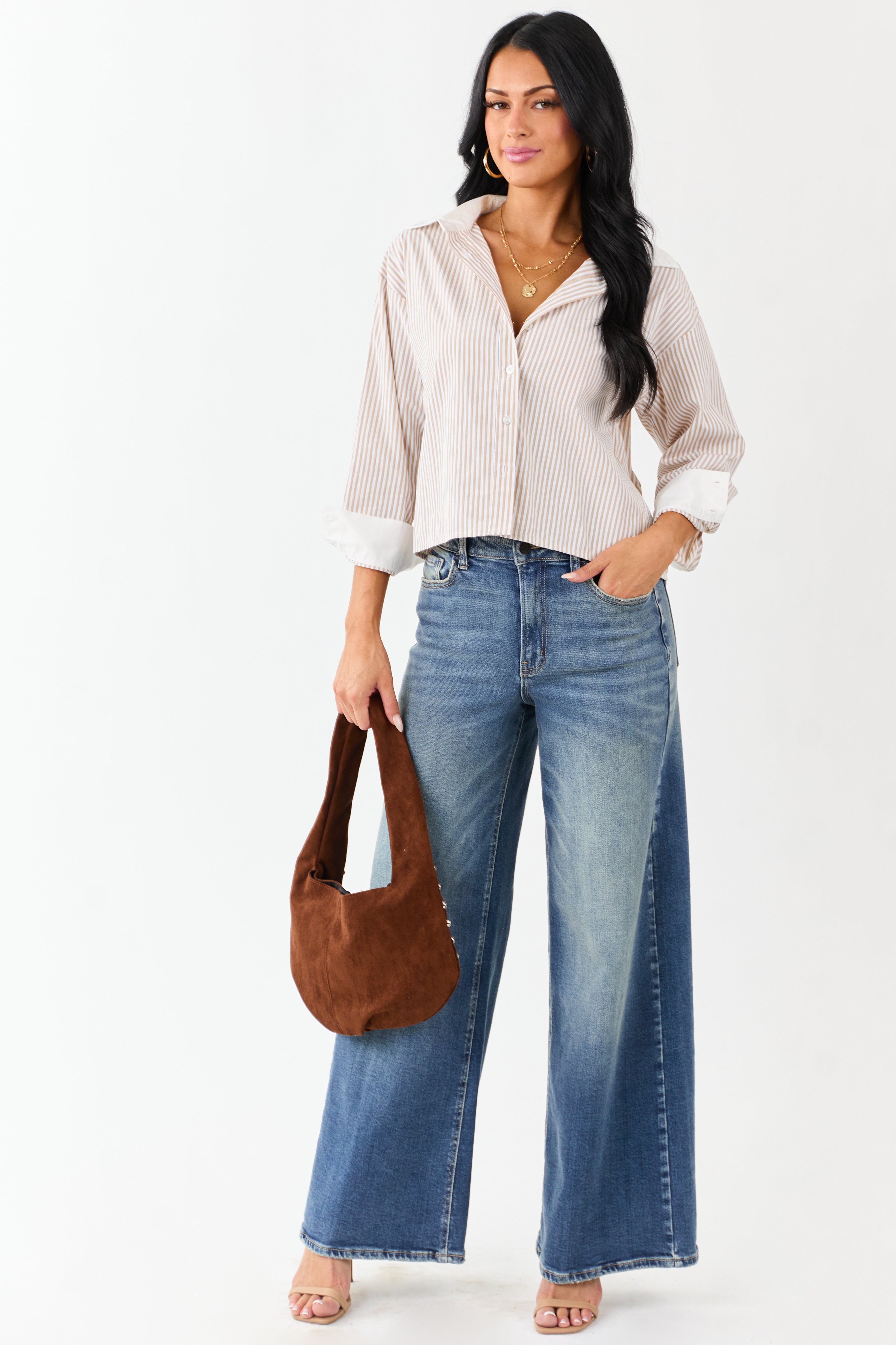 Taupe Striped Long Sleeve Button Down Cotton Top