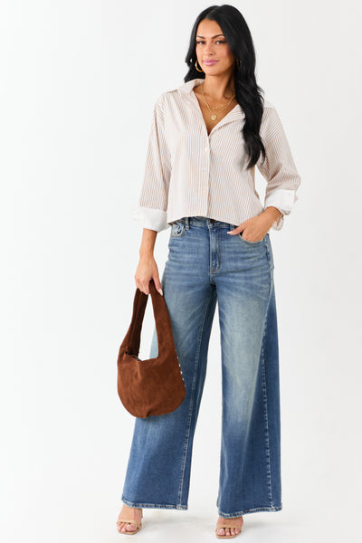 Taupe Striped Long Sleeve Button Down Cotton Top