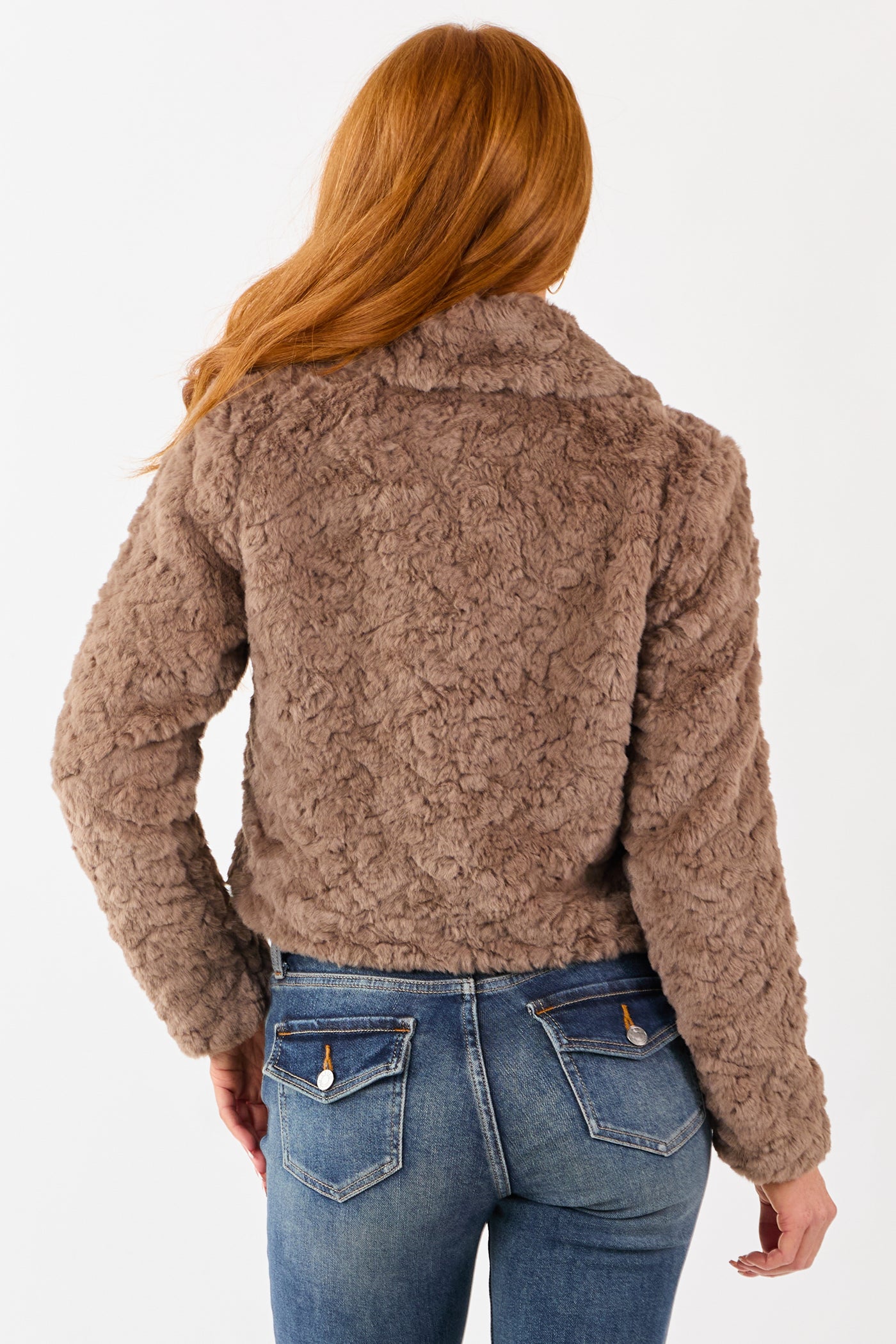 Taupe Teddy Faux Fur Shawl Collar Crop Jacket