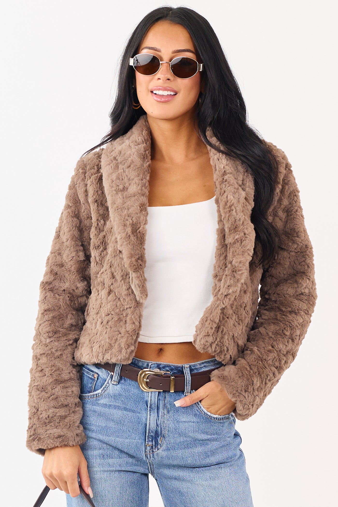 Taupe Teddy Faux Fur Shawl Collar Crop Jacket