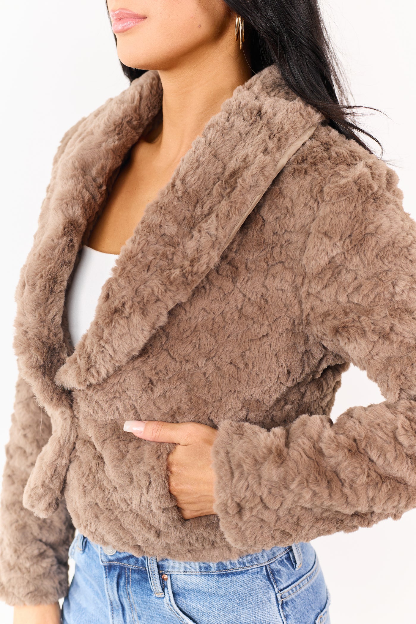 Taupe Teddy Faux Fur Shawl Collar Crop Jacket