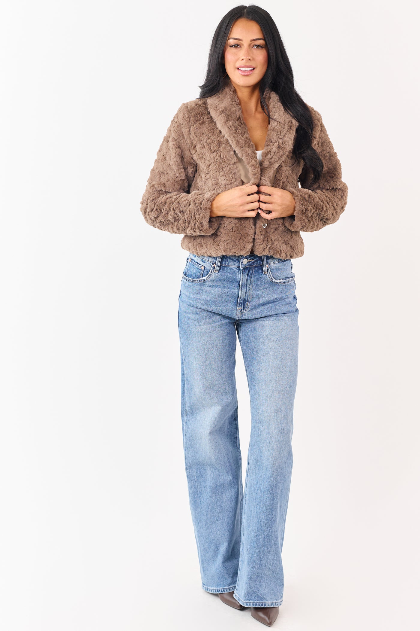 Taupe Teddy Faux Fur Shawl Collar Crop Jacket