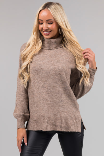 Taupe Turtleneck Lightweight Sweater