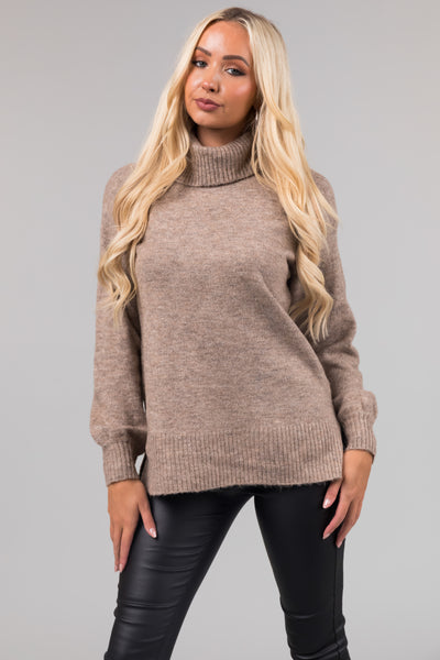 Taupe Turtleneck Lightweight Sweater