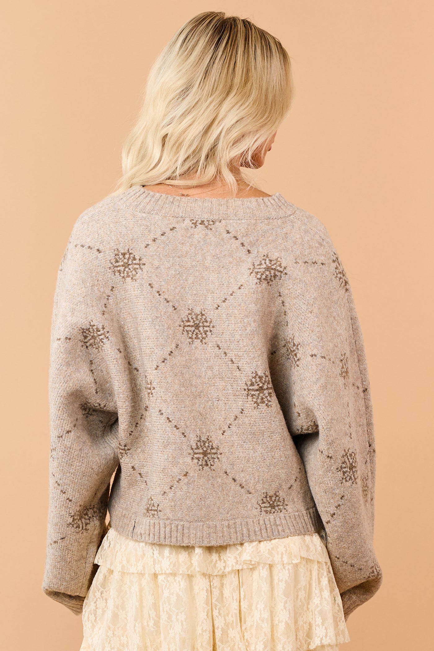 Taupe Wool Blend Snowflake Pattern Cardigan
