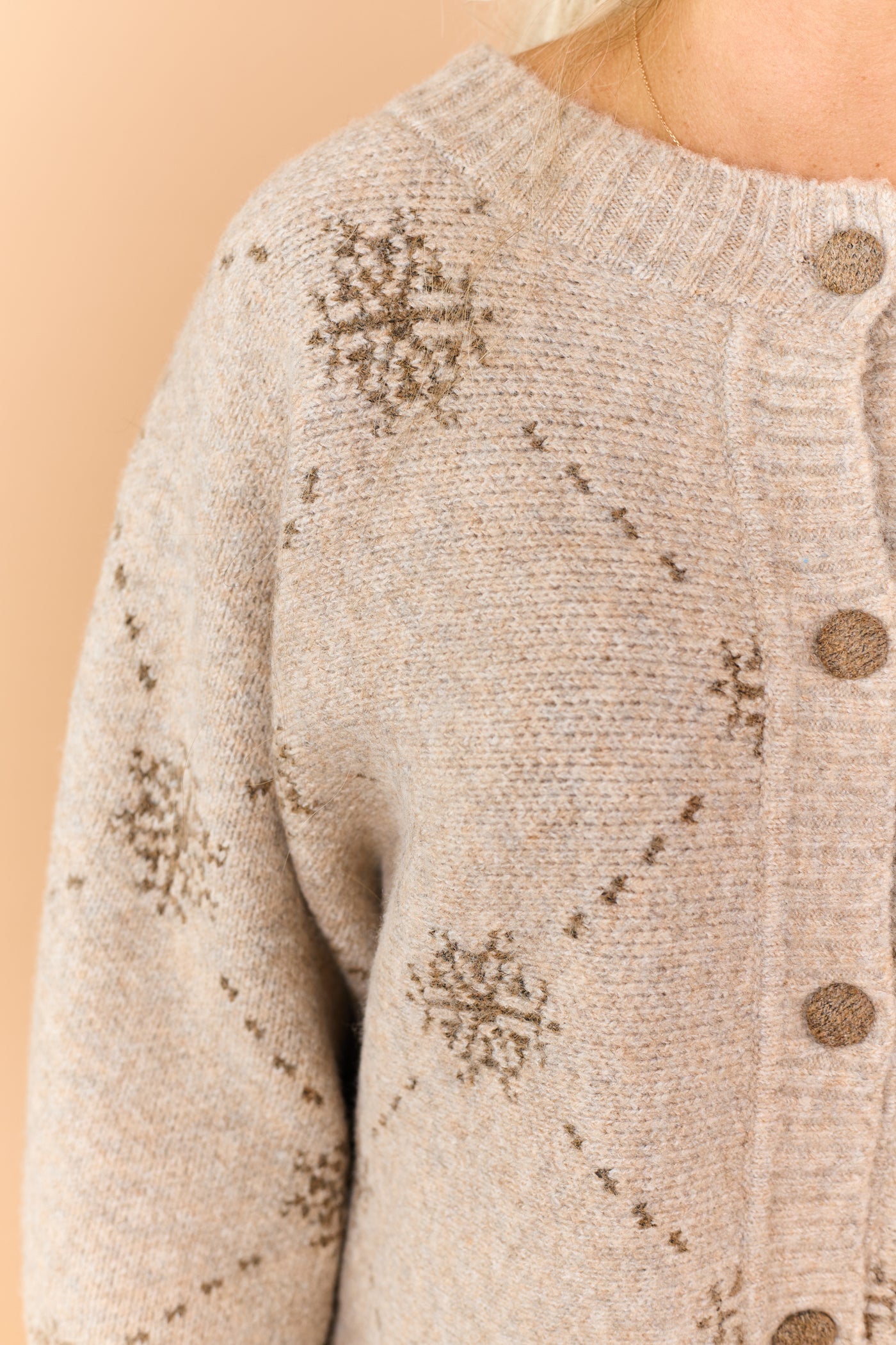 Taupe Wool Blend Snowflake Pattern Cardigan