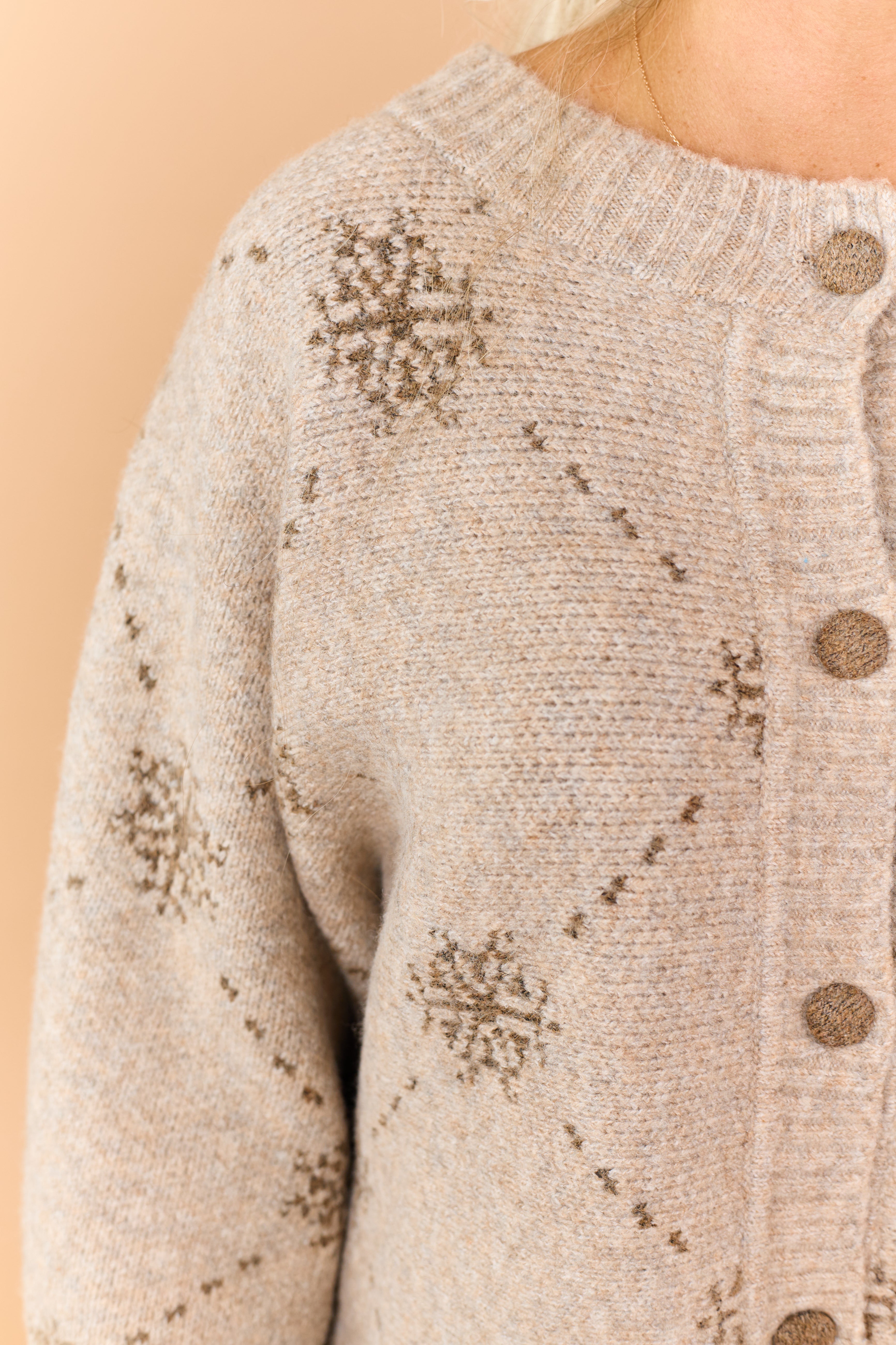 Taupe Wool Blend Snowflake Pattern Cardigan