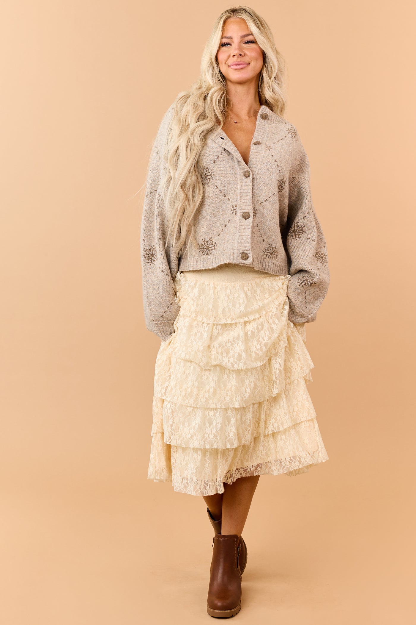 Taupe Wool Blend Snowflake Pattern Cardigan