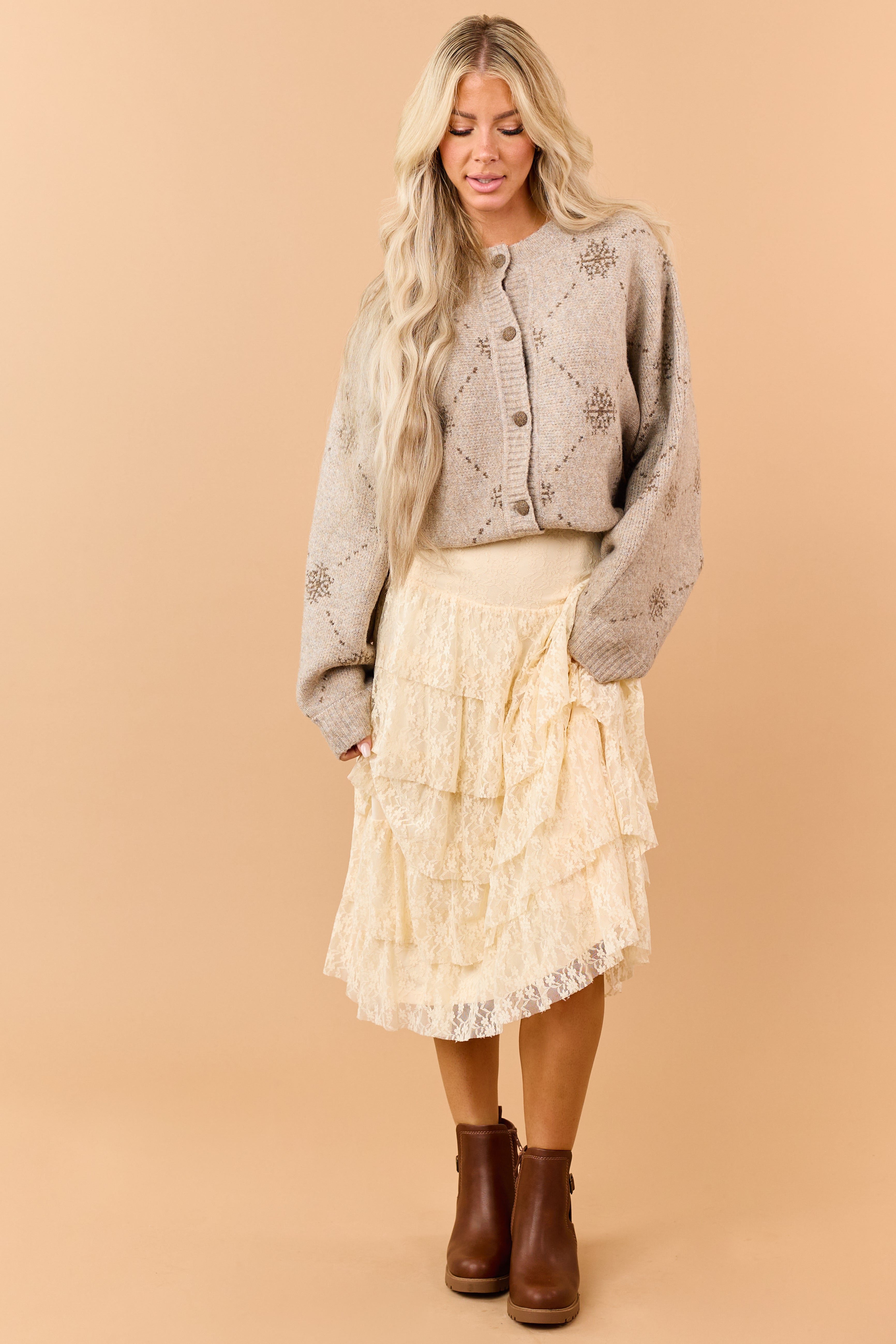 Taupe Wool Blend Snowflake Pattern Cardigan