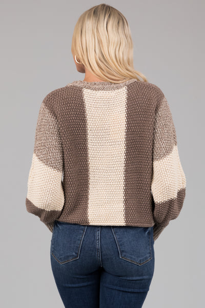 Taupe and Cream Colorblock Chunky Knit Sweater