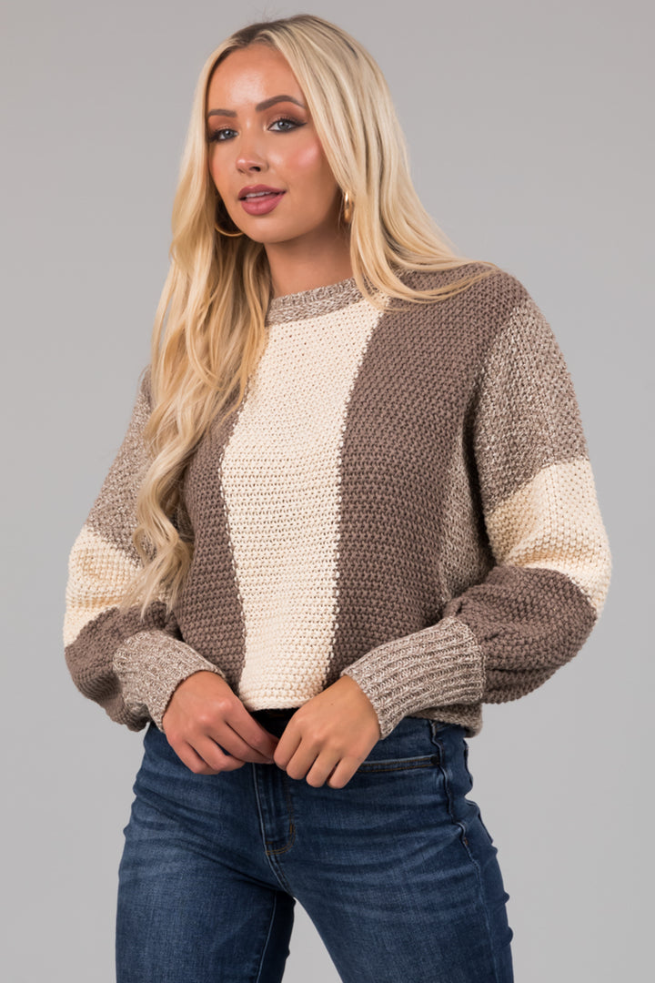 Taupe and Cream Colorblock Chunky Knit Sweater
