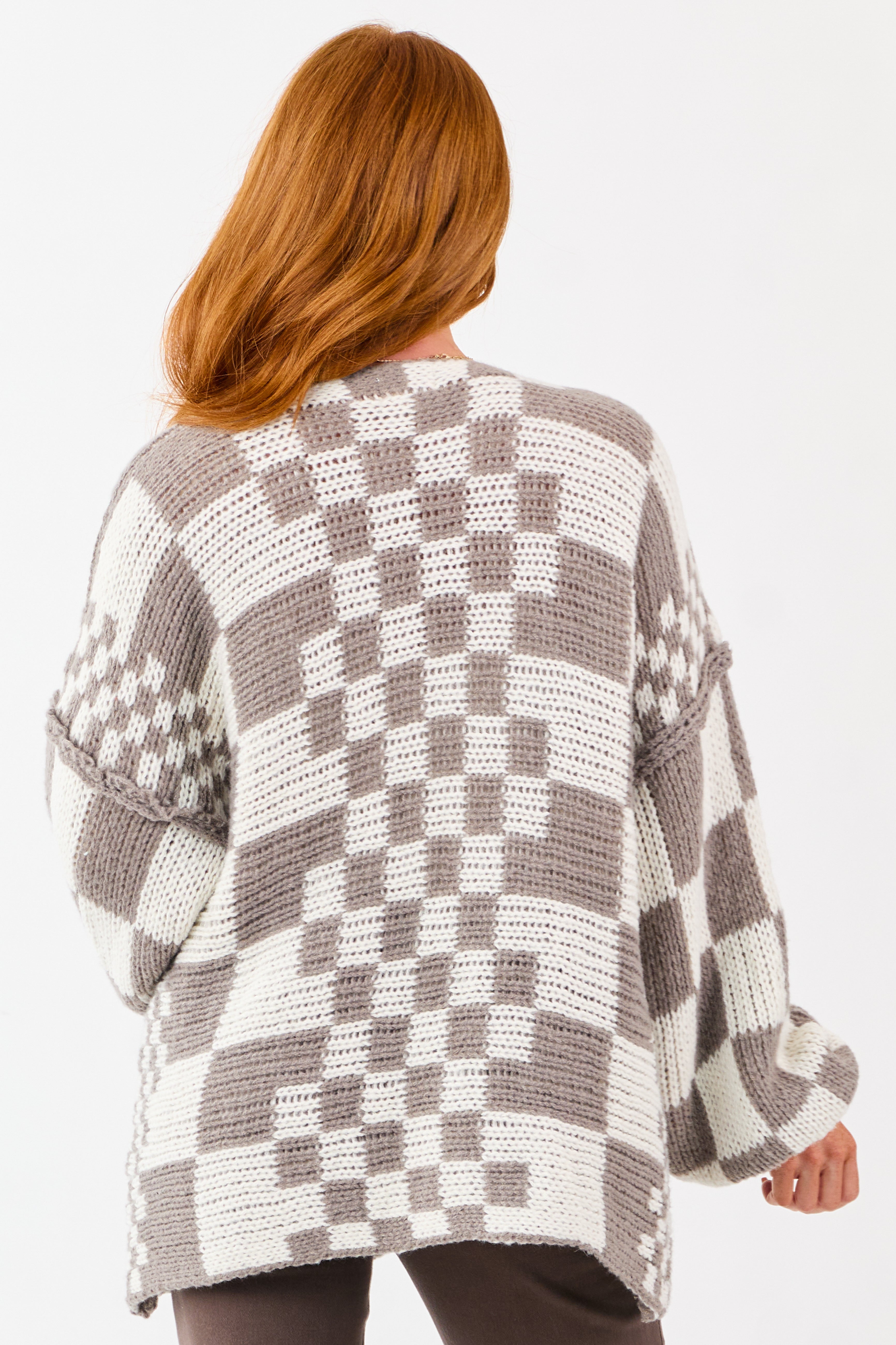 Taupe and Ivory Checkered Chunky Knit Cardigan