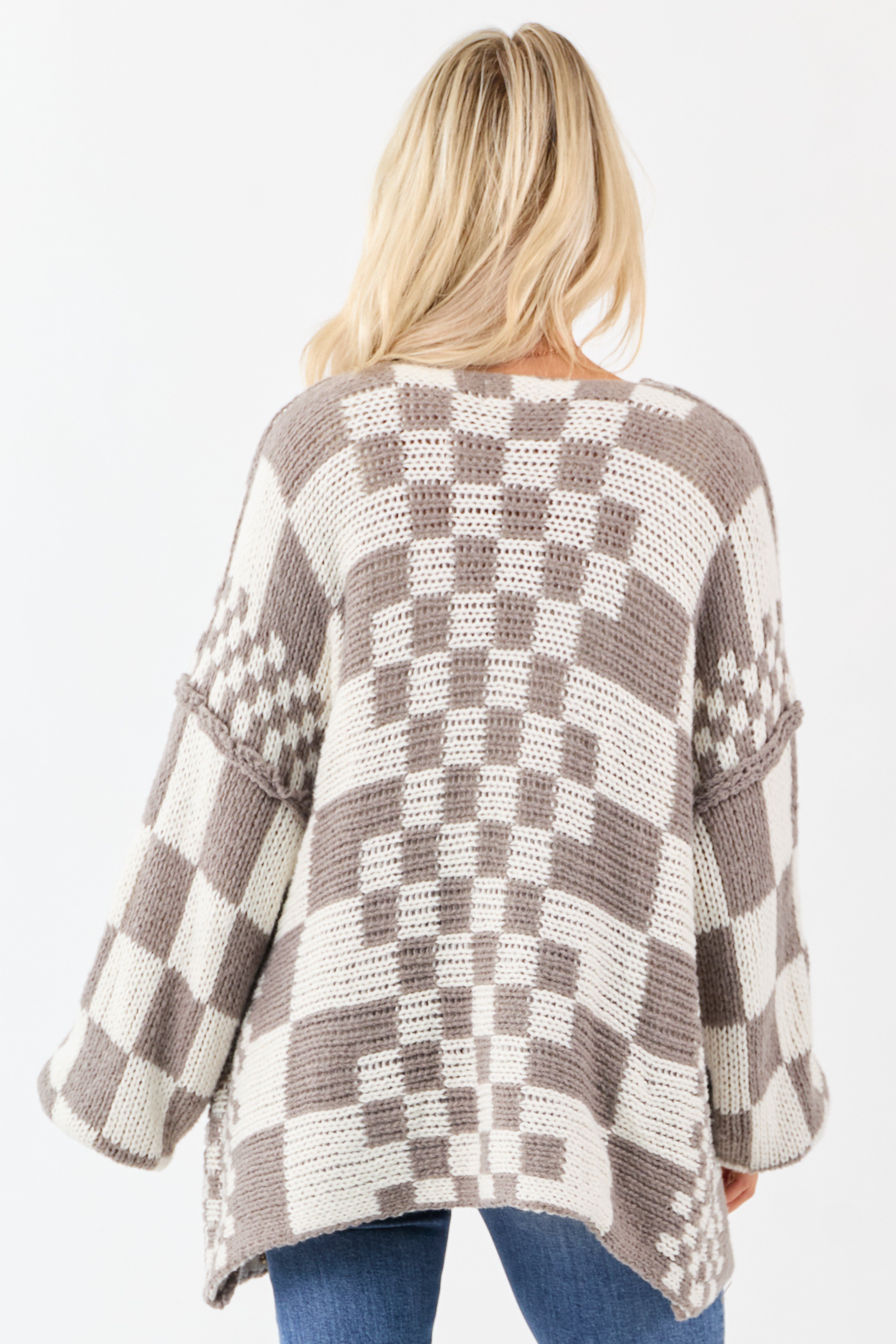 Taupe and Ivory Checkered Chunky Knit Cardigan
