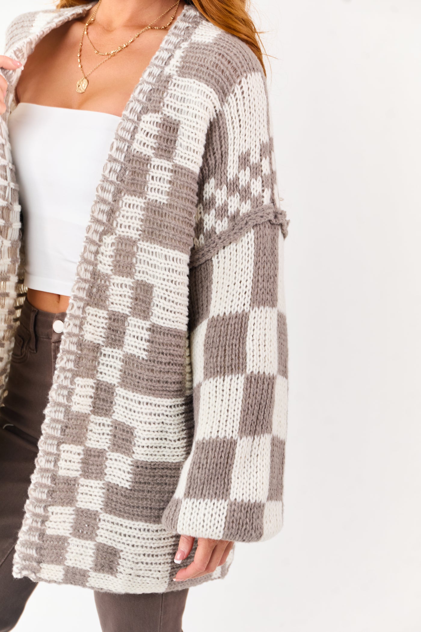 Taupe and Ivory Checkered Chunky Knit Cardigan